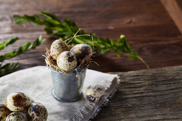 Spring composition of quail eggs in bucket on a linen napkin and boxwood branch, selective focus