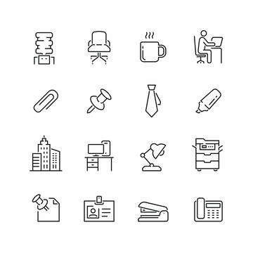 Office related icons: thin vector icon set, black and white kit