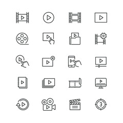 Video content related icons: thin vector icon set, black and white kit