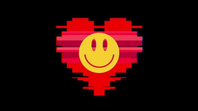 pixel heart with smile face symbol glitch interference screen seamless loop animation background new dynamic retro vintage joyful colorful video footage