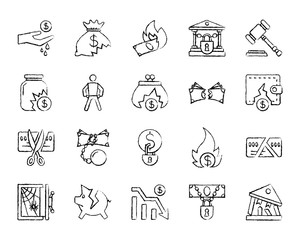 Bankruptcy charcoal draw line icons vector set