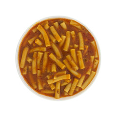 Top view of a bowl of pasta in a meat sauce isolated on a white background.