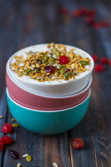 Granola with yoghurt, dried berries and pumpkin seeds