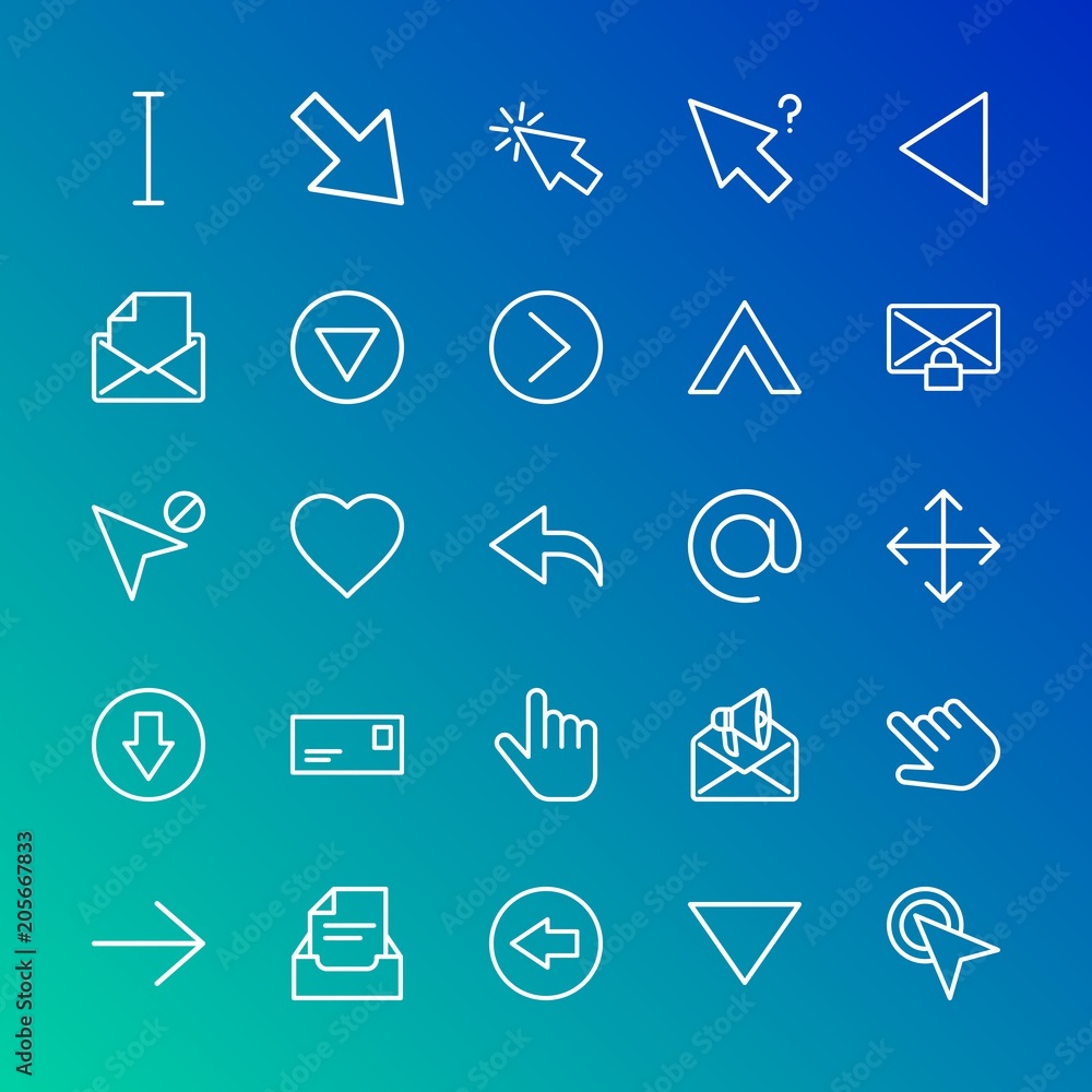 Poster modern simple set of arrows, cursors, email vector outline icons. contains such icons as direction, 