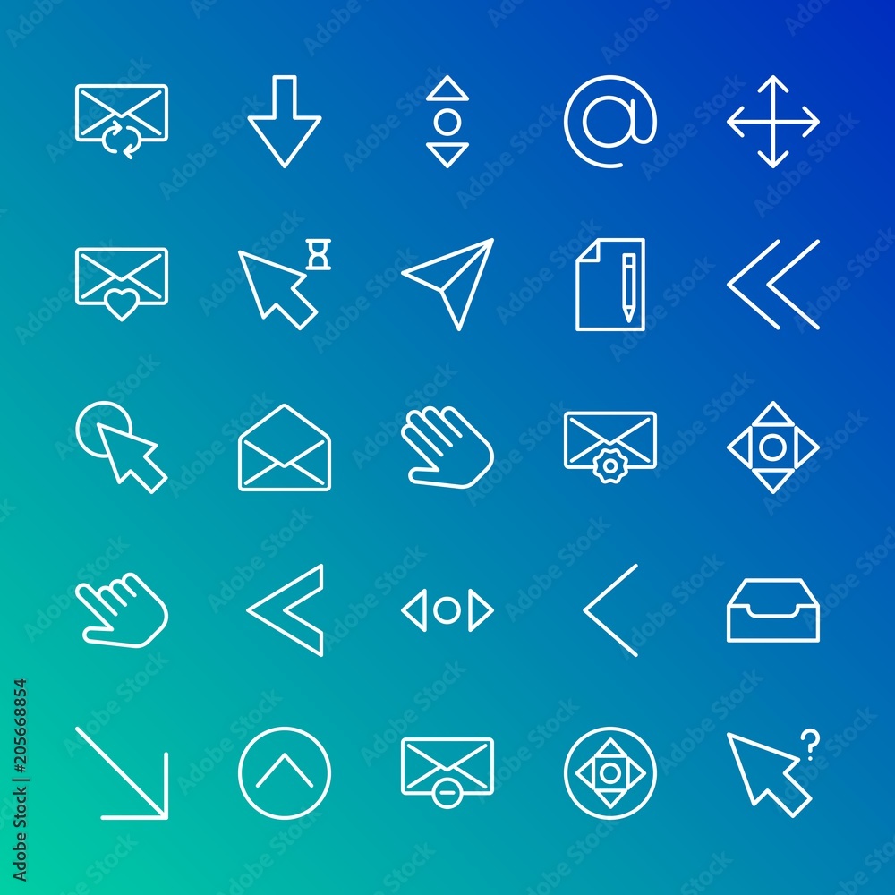 Poster modern simple set of arrows, cursors, email vector outline icons. contains such icons as remove, cli