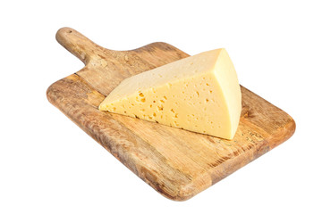 Cheese on a cutting board isolated on white background