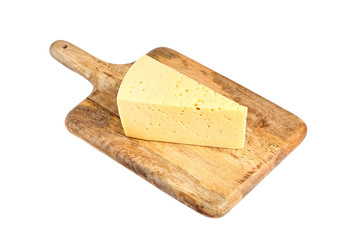 Cheese on a cutting board isolated on white background