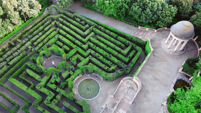 Barcelona, Spain. Aerial view of the city park and Laberint d'Horta