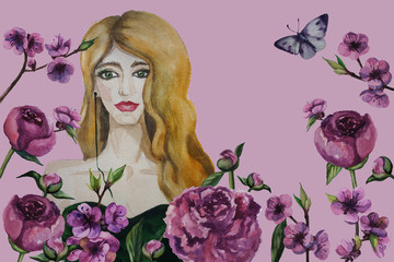 Obraz na płótnie Canvas Beautiful woman and flowers isolated background. Hand painted watercolor illustration