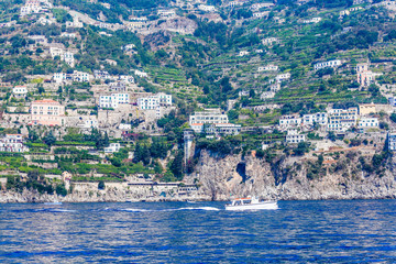View of  Pastena village on Amalfi coast seen from the sea, Campania, Italy