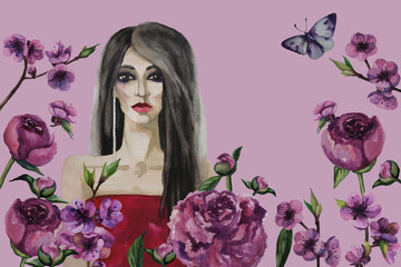 Beautiful woman and flowers isolated background. Hand painted watercolor illustration