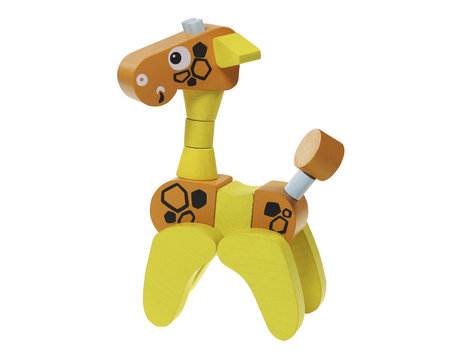  Flexible children's wooden multicolored toy giraffe acrobat on white background