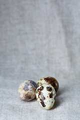 Group of three quail eggs on a homespun tablecloth, top view, close-up, selective focus, copy space, backlight.