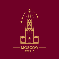 Kremlin tower, vector illustration. Line art. Spasskaya tower. Moscow landmark.