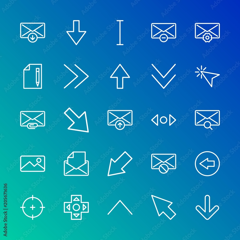 Poster modern simple set of arrows, cursors, email vector outline icons. contains such icons as remove, suc
