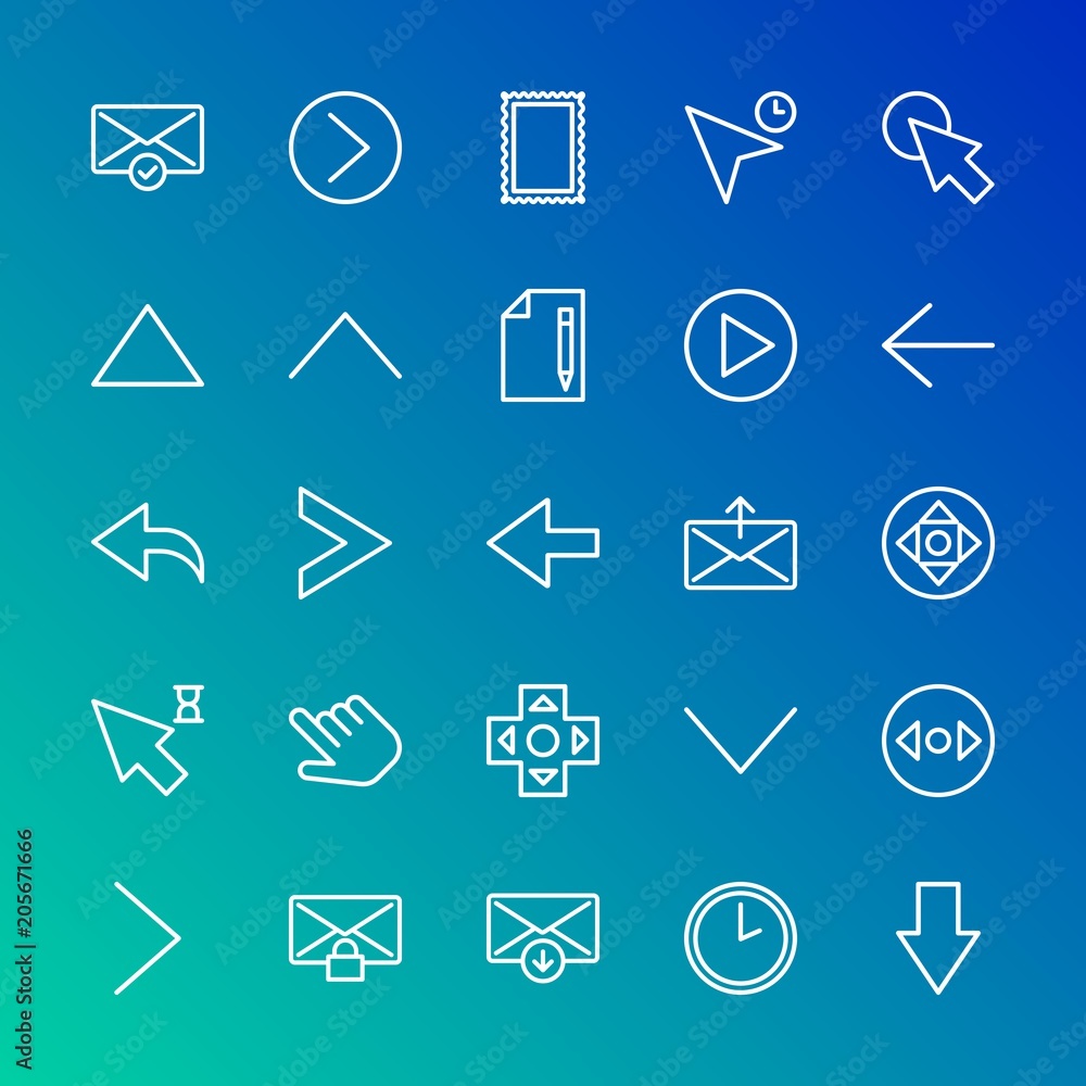 Poster modern simple set of arrows, cursors, email vector outline icons. contains such icons as circle, tec