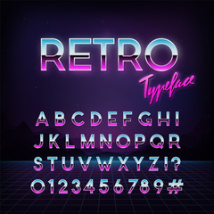Fototapeta Futuristic retro typeface. 80s style . Vector alphabet.  Template for your design. obraz