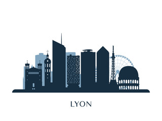 Lyon skyline, monochrome silhouette. Vector illustration. - obrazy, fototapety, plakaty