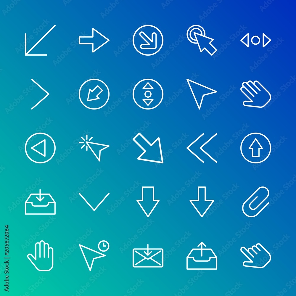 Poster modern simple set of arrows, cursors, email vector outline icons. contains such icons as diagonal, e