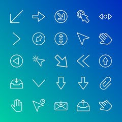Modern Simple Set of arrows, cursors, email Vector outline Icons. Contains such Icons as diagonal,  email,  cursor,  button,  direction and more on gradient background. Fully Editable. Pixel Perfect.