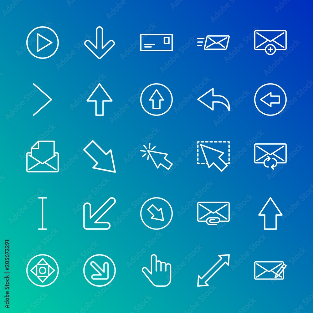 Poster modern simple set of arrows, cursors, email vector outline icons. contains such icons as up, pointer