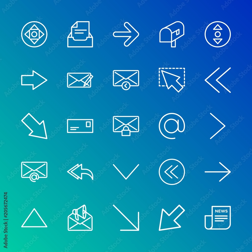 Poster modern simple set of arrows, cursors, email vector outline icons. contains such icons as cursor, nex
