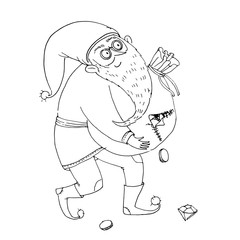 Smiling dwarf carries a torn bag full of coins.