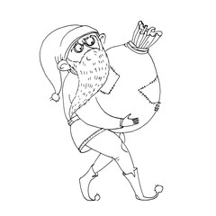 Smiling dwarf carries a torn bag full of coins