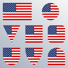 Fototapeta premium Zestaw ikon flagi USA. Amerykańskie flagi w różnych kształtach. Kolekcja przycisk Stany Zjednoczone. Ilustracji wektorowych.