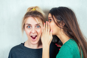 two beautiful and young girlfriends women gossip. the concept of eavesdropping and gossip