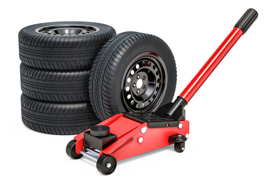 Car wheels with hydraulic floor jack, 3D rendering