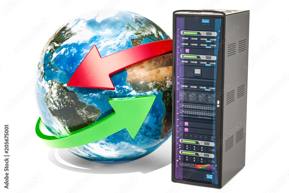Aufkleber earth globe with server rack. global network concept, 3d rendering
