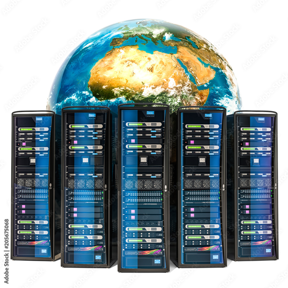 Poster earth globe with server racks. global internet concept, 3d rendering