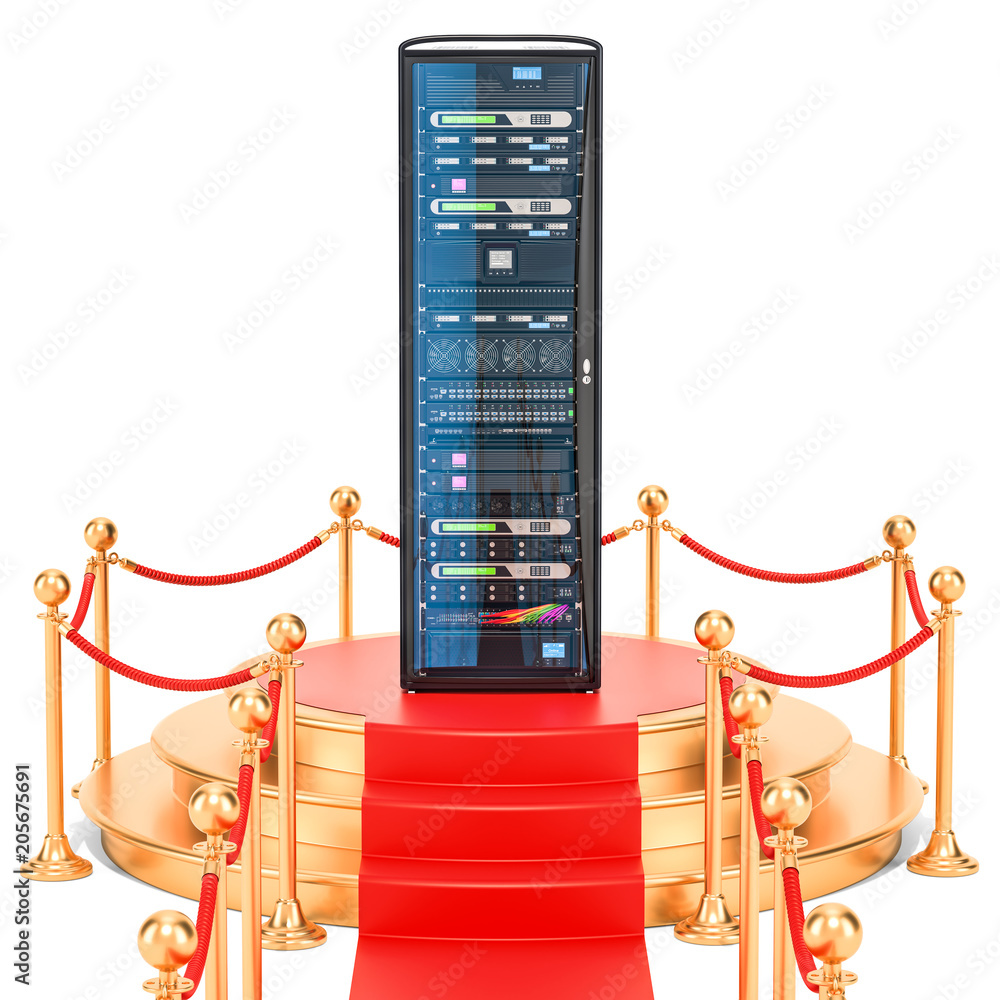 Poster podium with computer server rack, 3d rendering