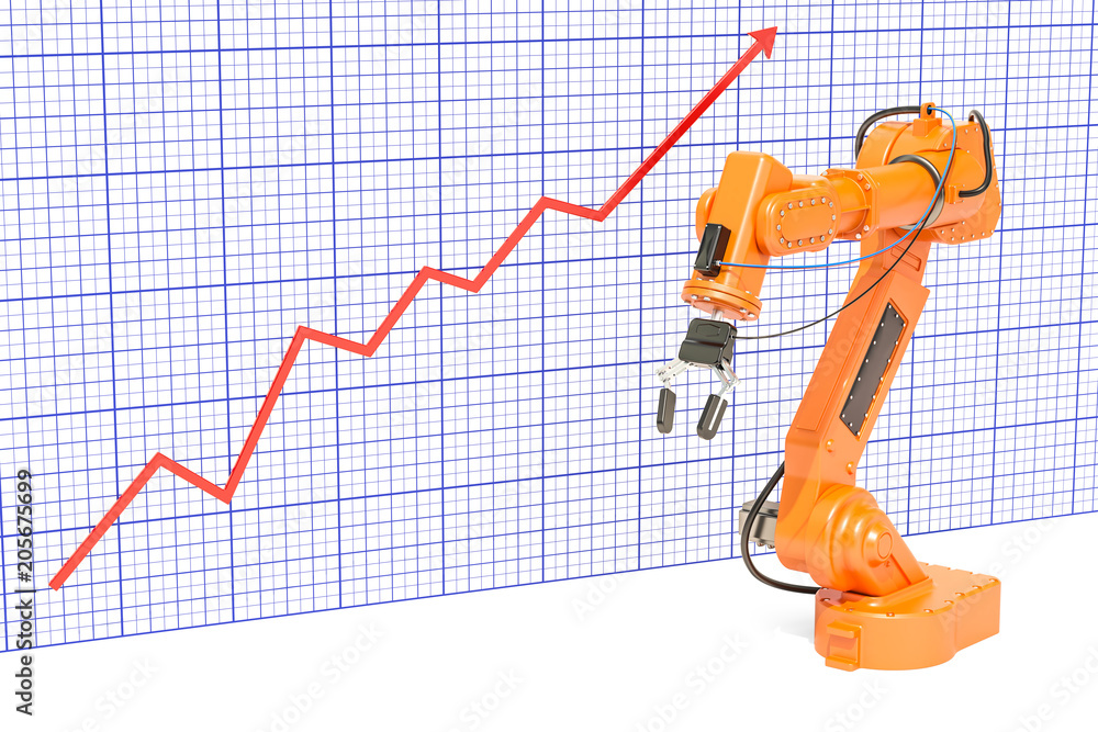 Poster production growth in automation industry concept. robotic arm with growing chart. 3d rendering