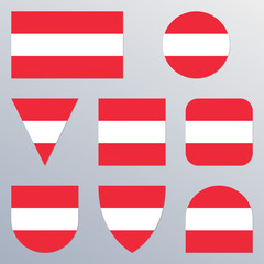 Austria flag icon set. Austrian flag button or badge in different shapes. Vector illustration.
