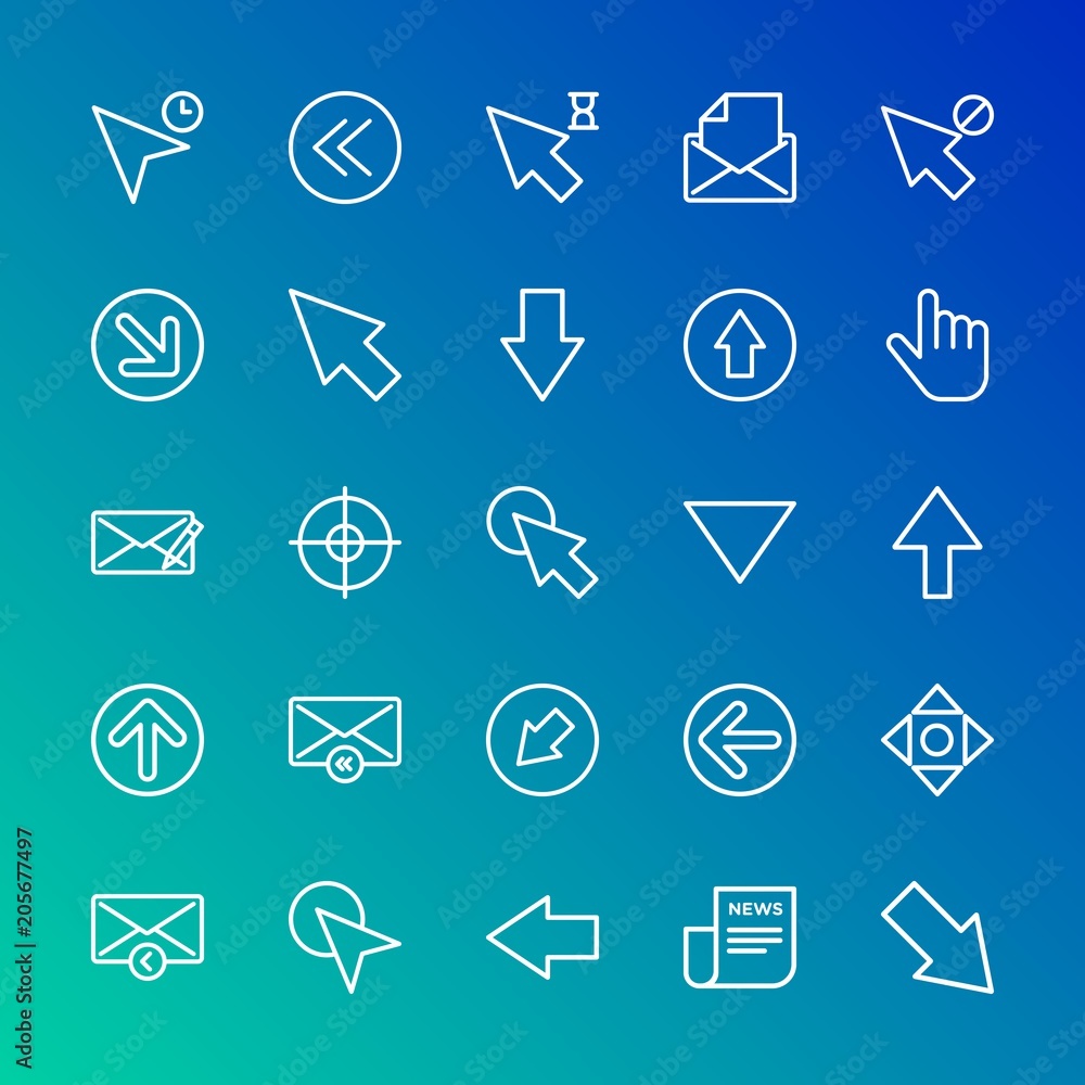 Poster modern simple set of arrows, cursors, email vector outline icons. contains such icons as left, inter