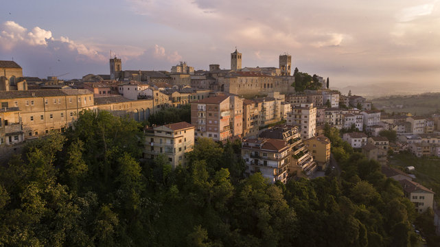 Aerial view of the municipality of Osimo, in the province of Ancona, in the Marche region, in Italy. The historic center, located on the highest hill of the city, called G&ograve;mero, is a mountain tourist 