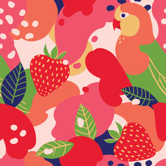 Strawberry and parrots on abstract background. Vector seamless pattern