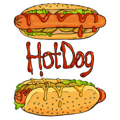 Appetizing hot dogs covered with ketchup and mustard on a white background. Colorful vector illustration in sketch style.