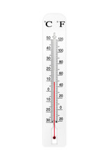 Meteorology thermometer isolated on white background. Air temperature plus 9 degrees celsius