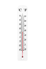 Atmospheric plastic meteorology thermometer isolated on white background. Air temperature plus 14...