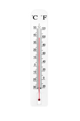 Atmospheric plastic meteorology thermometer isolated on white background. Air temperature plus 38 degrees.
