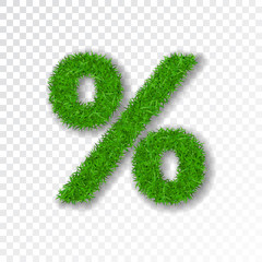Grass symbol percent. Green percent, isolated on white transparent background. Green grass 3D percent, fresh symbol of nature, plant lawn, summer. Grass texture spring. Eco design. Vector illustration