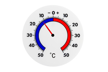 Atmospheric plastic meteorology thermometer isolated on white background. Air temperature minus 12 degrees celsius