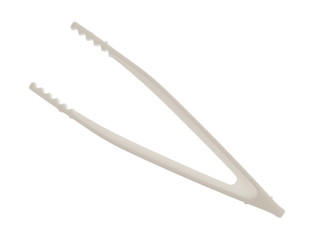 Plastic food tweezers on a white background.