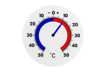 Atmospheric plastic meteorology thermometer isolated on white background. Air temperature plus 12 degrees.