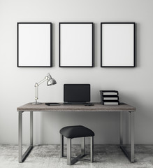 Contemporary interior with laptop and banner