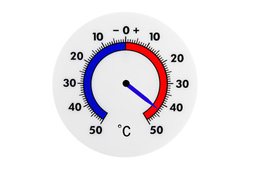 Atmospheric plastic meteorology thermometer isolated on white background. Air temperature plus 43 degrees celsius