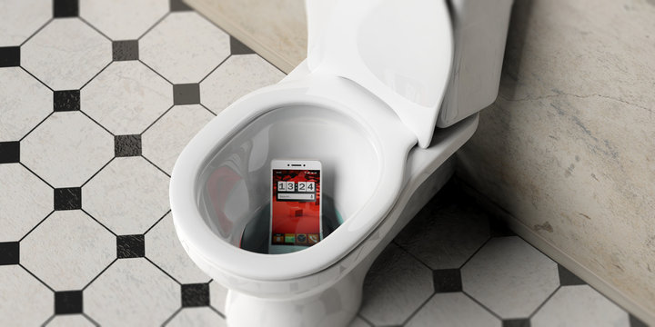 Mobile Phone Dropped In Bathroom Toilet Bowl, 3d Illustration